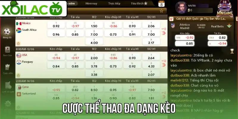 Cược thể thao đa dạng kèo